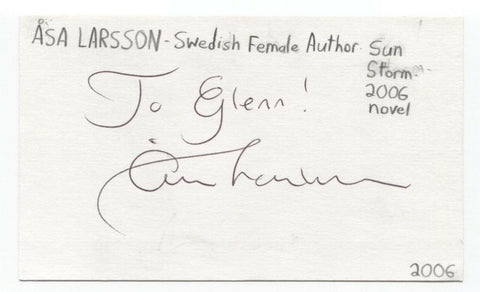 Asa Larsson Signed 3x5 Index Card Autographed Signature Author Writer