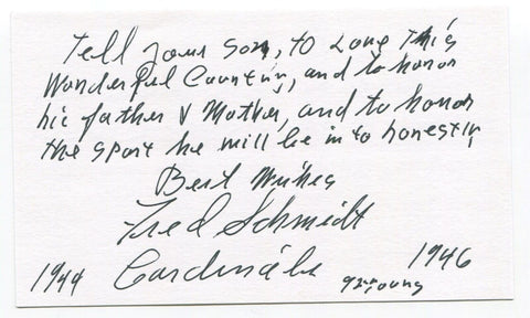 Fred Schmidt Signed 3x5 Index Card Autographed MLB Baseball St Louis Cardinals