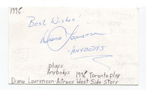 Diana Laurenson Signed 3x5 Index Card Autographed Actress West Side Story
