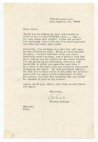 Winston "Win" De Lugo Signed Letter TLS Autographed Actor Star Trek TOS