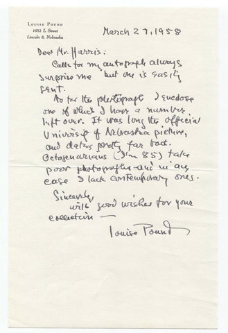 Louise Pound Signed Letter Autographed Signature Feminist Nebraska Hall of Fame