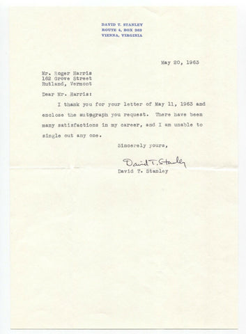 David Taylor Stanley Signed Letter Autographed Signature Businessman