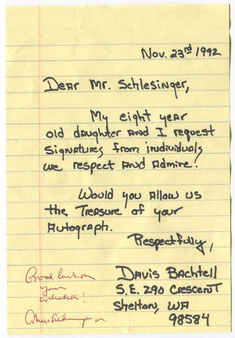 Alan Schlesinger Signed Autograph Request Letter from 1992  Signature AUTO