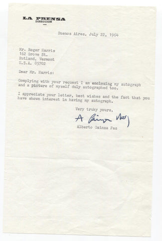 Alberto Gainza Paz Signed Letter TLS  Autographed Signature Argentine Journalist