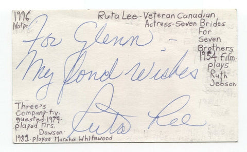 Ruta Lee Signed 3x5 Index Card Autographed Signature Actress
