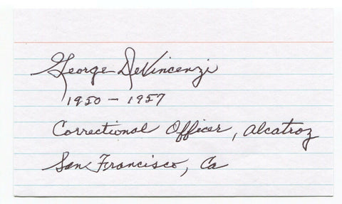 George Devincenzi Signed 3x5 inch Index Card Autographed Alcatraz Guard
