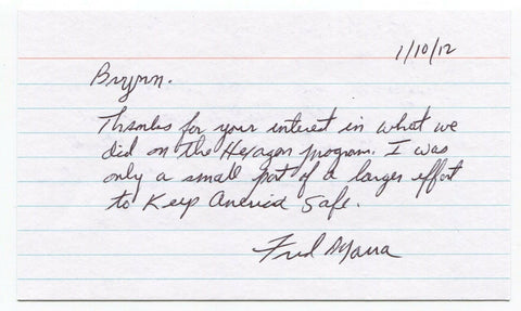 Fred Marra Signed 3x5 Index Card Autographed Cold War Spy Scientist Hexagon