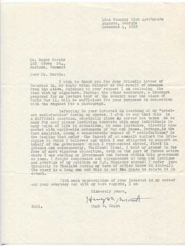 Hugh Gladney Grant Signed Letter TLS Autographed Signature American Ambassador