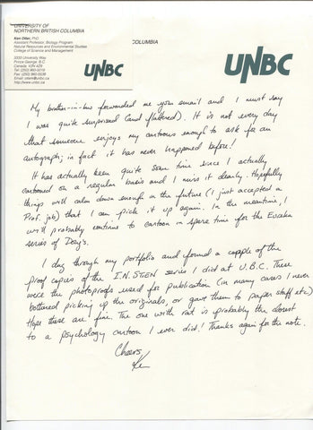 Ken Otter Signed Letter Autographed Signature Cartoonist