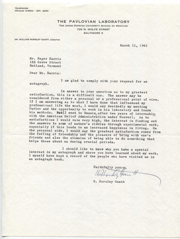 Dr. Horsley Gantt Signed Letter TLS Autographed Signature PAVLOV CONTENT