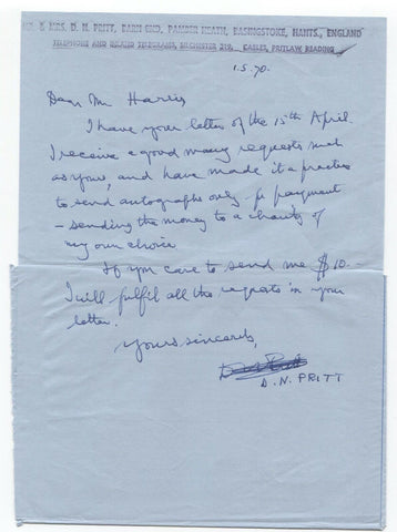 Denis Nowell Pritt Signed Letter Autographed Signature Barrister Politician