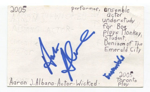 Aaron Albano Signed 3x5 Index Card Autographed Actor Wicked Smash