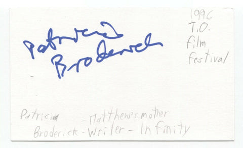 Patricia Broderick Signed 3x5 Index Card Autographed Playwright Infinity