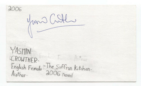 Yasmin Crowther Signed 3x5 Index Card Autographed Signature Author Writer