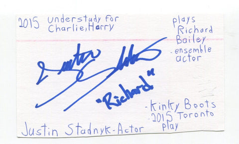 Justin Stadnyk Signed 3x5 Index Card Autographed Actor Kinky Boots