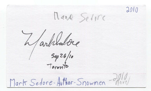Mark Sedore Signed 3x5 Index Card Autographed Signature Author Writer Snowmen