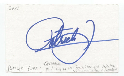 Patrick Lane Signed 3x5 Index Card Autographed Signature Author Writer Poet