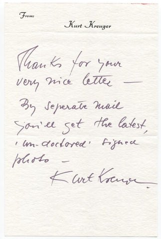 Kurt Kreuger Signed Handwritten Letter ALS Autographed Signature Actor
