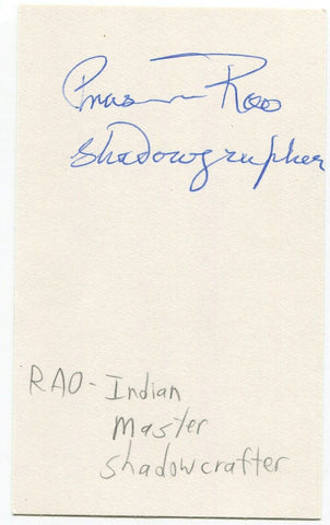 Prasanna Rao Signed 3x5 Index Card Autographed Signature Master Shadowgrapher