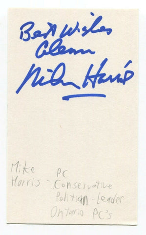 Mike Harris Signed 3x5 Index Card Autographed Canadian Politician Premier