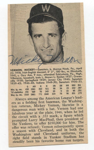 Mickey Vernon Signed Bio Cut Sheet Page Baseball Autographed Signature