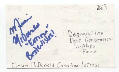 Miriam McDonald Signed 3x5 Index Card Autographed Signature Actress Degrassi