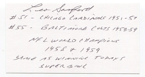 Leo Sanford Signed 3x5 Index Card Autographed NFL Football 1958 Baltimore Colts