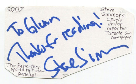 Steve Simmons Signed 3x5 Index Card Autographed Canadian Sports Writer