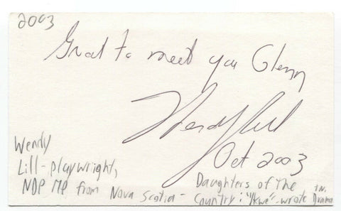 Wendy Lill Signed 3x5 Index Card Autographed Signature Screenwriter Playwright