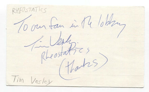 Rheostatics - Tim Vesely Signed 3x5 Index Card Autographed Signature Band