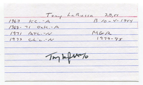 Tony La Russa Signed 3x5 Index Card Autographed Baseball Chicago White Sox HOF