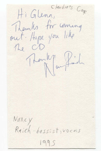 Claudia's Cage - Nancy Raich Signed 3x5 Index Card Autographed Signature