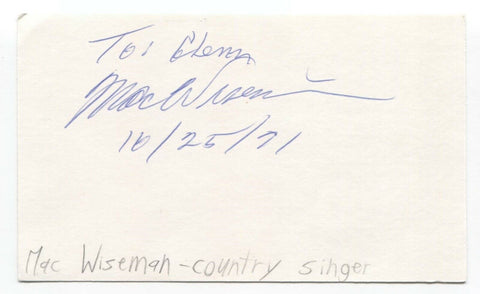 Mac Wiseman Signed 3x5 Index Card Autographed Signature Bluegrass Singer