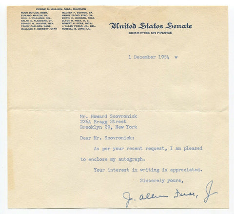 J. Allen Frear Jr. Signed Letter Autographed Signature Politician Senator