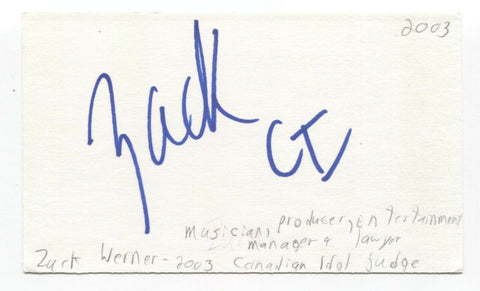 Zack Werner Signed 3x5 Index Card Autographed Signature Music Manager Producer
