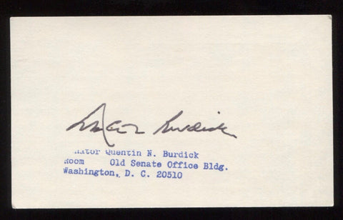 Quentin N. Burdick Signed 3x5 Index Card Autographed Signature AUTO Senator