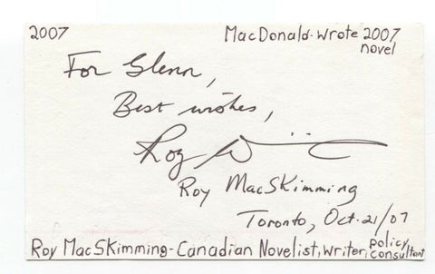 Roy MacSkimming Signed 3x5 Index Card Autographed Signature Author Writer