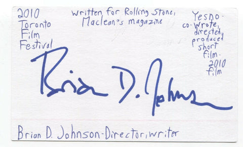 Brian D. Johnson Signed 3x5 Index Card Autograph Signature Journalist Filmmaker