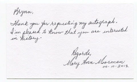Mary Ann Moorman Signed 3x5 Index Card Autograph JFK Assassination Witness