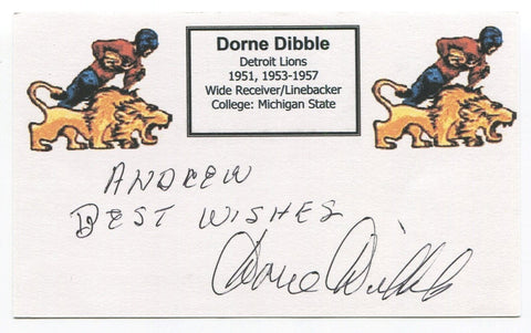 Dorne Dibble Signed 3x5 Index Card Autographed Fooball Signed Detroit Lions NFL