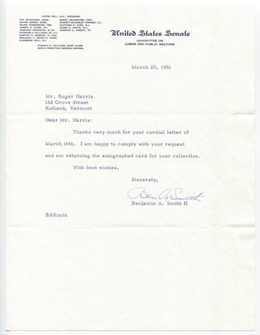 Benjamin A. Smith II Signed Letter Autographed Signature Politician Senator