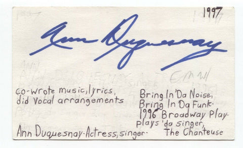 Ann Duquesnay Signed 3x5 Index Card Autograph Signature Actress Singer