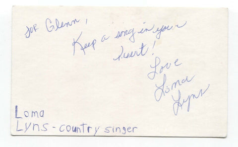 Loma Lyns Signed 3x5 Index Card Autographed Signature Singer