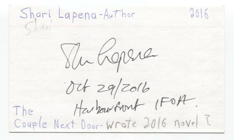 Shari Lapena Signed 3x5 Index Card Autographed Signature Author