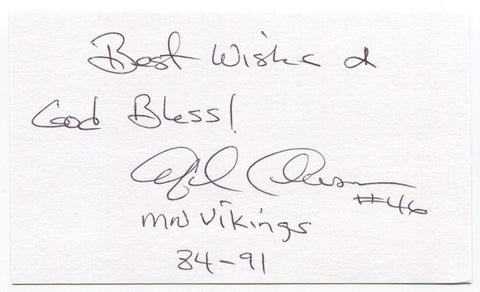 Alfred Anderson Signed 3x5 Index Card Autographed Signature Minnesota Vikings 