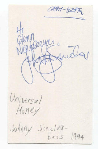 Universal Honey - Johnny Sinclair Signed 3x5 Index Card Autographed Signature