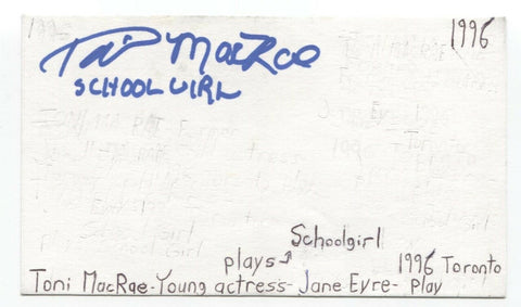 Toni MacRae Signed 3x5 Index Card Autographed Signature Actress