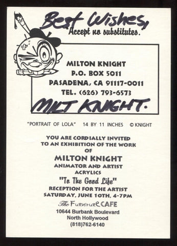 Milton Knight Signed Post Card Autographed Signature Comic Artist Cartoonist