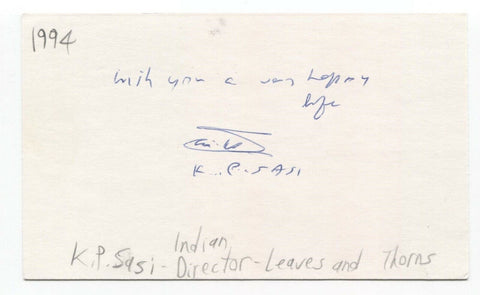 K.P. Sasi Signed 3x5 Index Card Autographed Signature Film Director