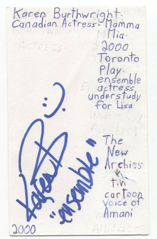 Karen Burthwright Signed 3x5 Index Card Autographed Signature The New Archies